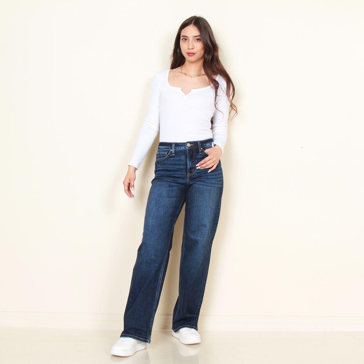 Jeans 1 Boton Tiro Alto Pretina Basica Wide Leg-4