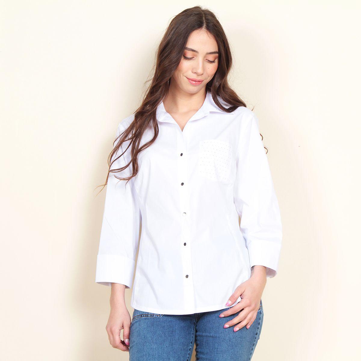 Blusa Manga 3/4 Solida Con Aplicacion En Cuello Y Bolsillo-0