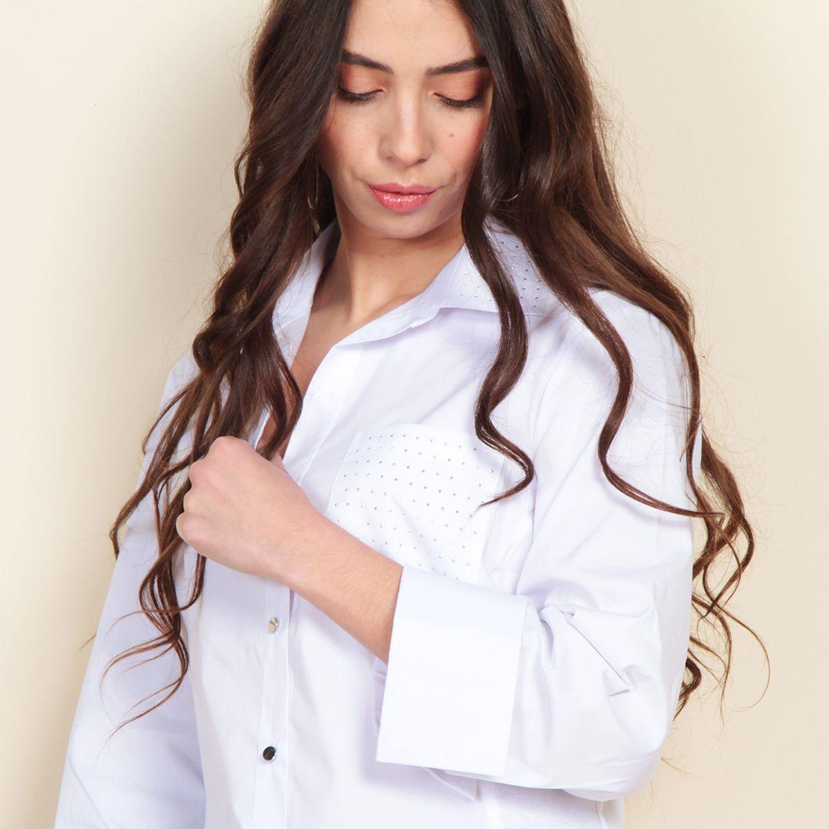 Blusa Manga 3/4 Solida Con Aplicacion En Cuello Y Bolsillo-1