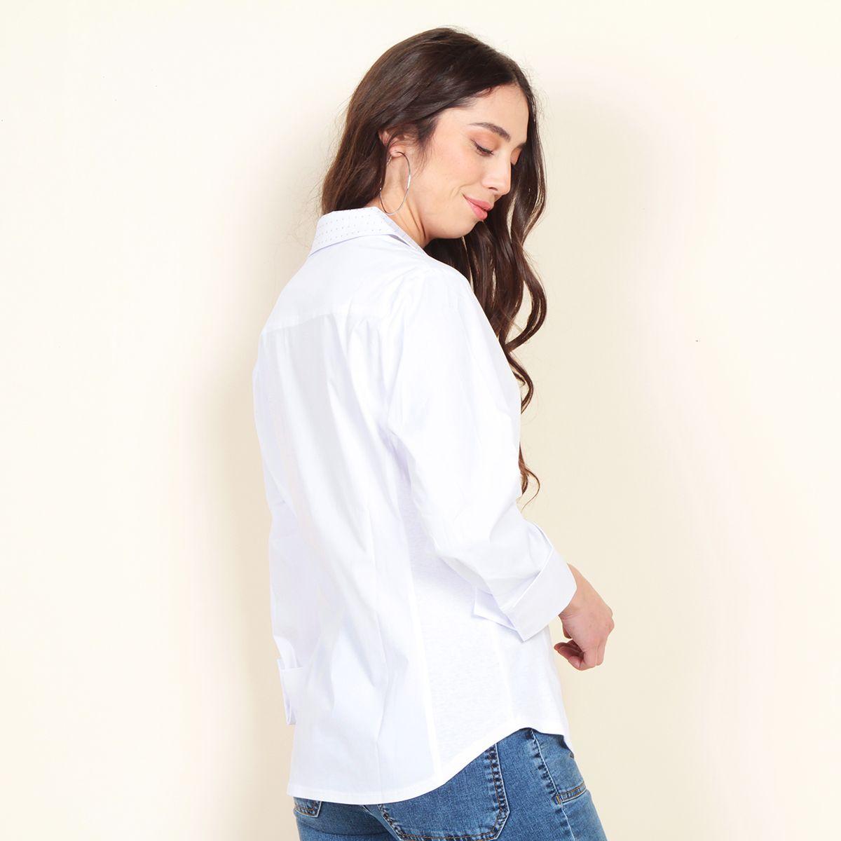 Blusa Manga 3/4 Solida Con Aplicacion En Cuello Y Bolsillo-5