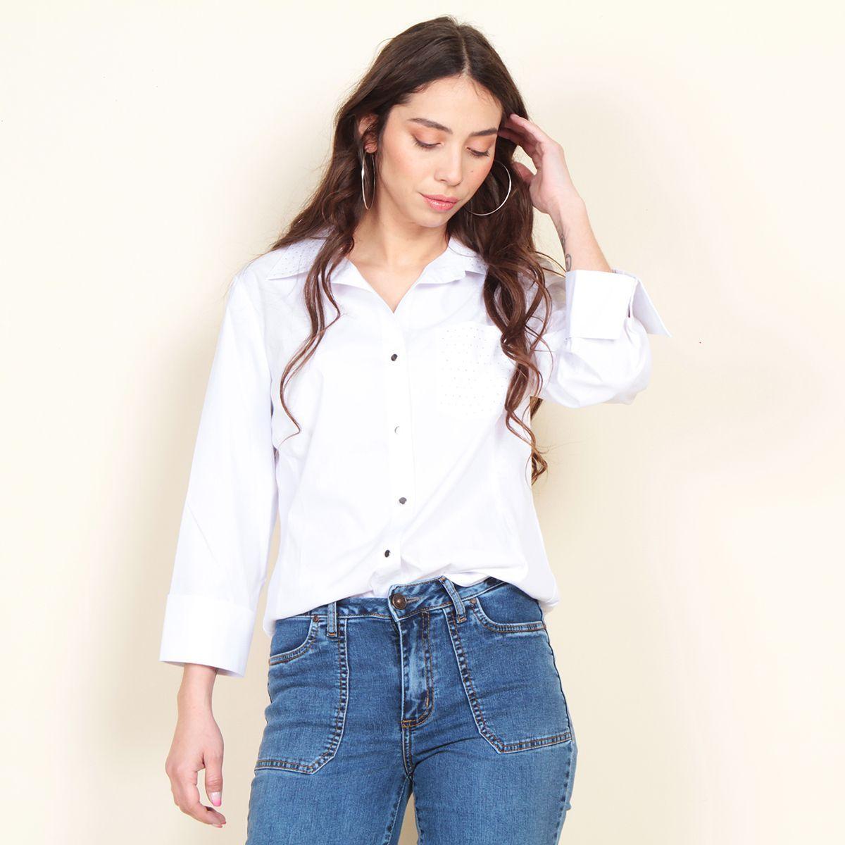 Blusa Manga 3/4 Solida Con Aplicacion En Cuello Y Bolsillo-4