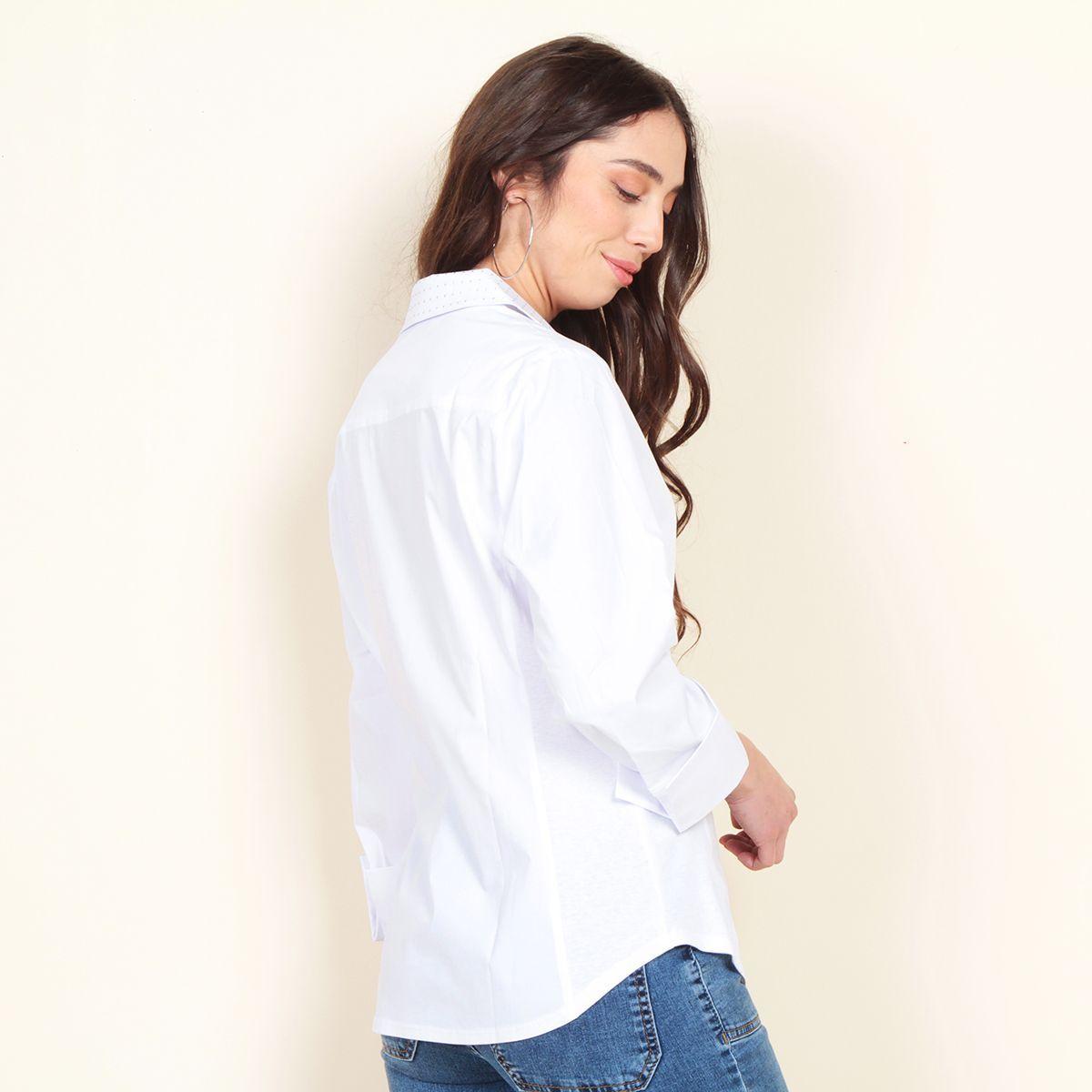 Blusa Manga 3/4 Solida Con Aplicacion En Cuello Y Bolsillo-5