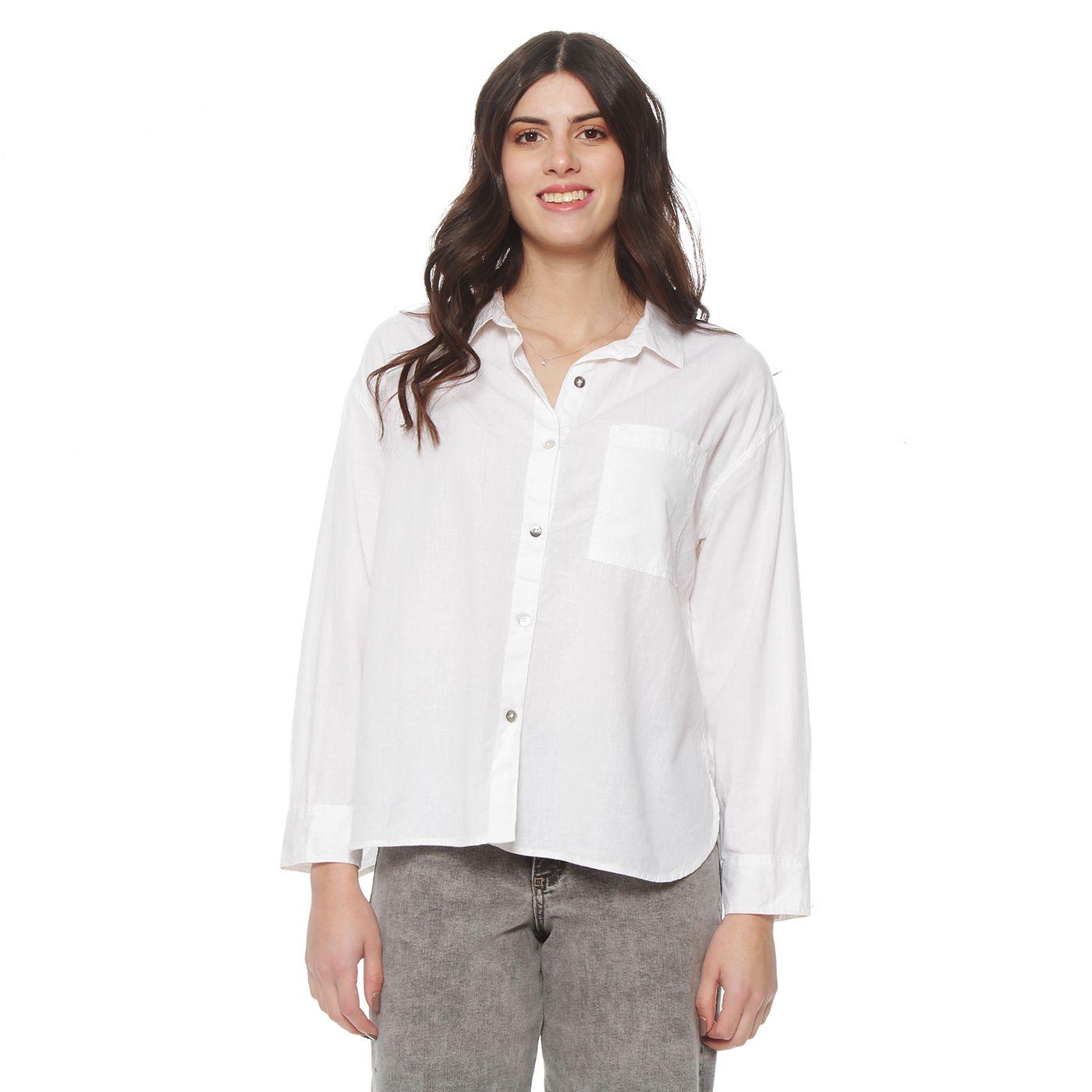 Blusa Manga Larga Lino Solido Abotonada En Delantero Y Bolsillo-0