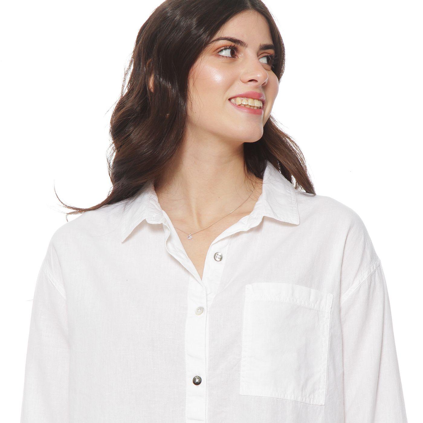Blusa Manga Larga Lino Solido Abotonada En Delantero Y Bolsillo-5