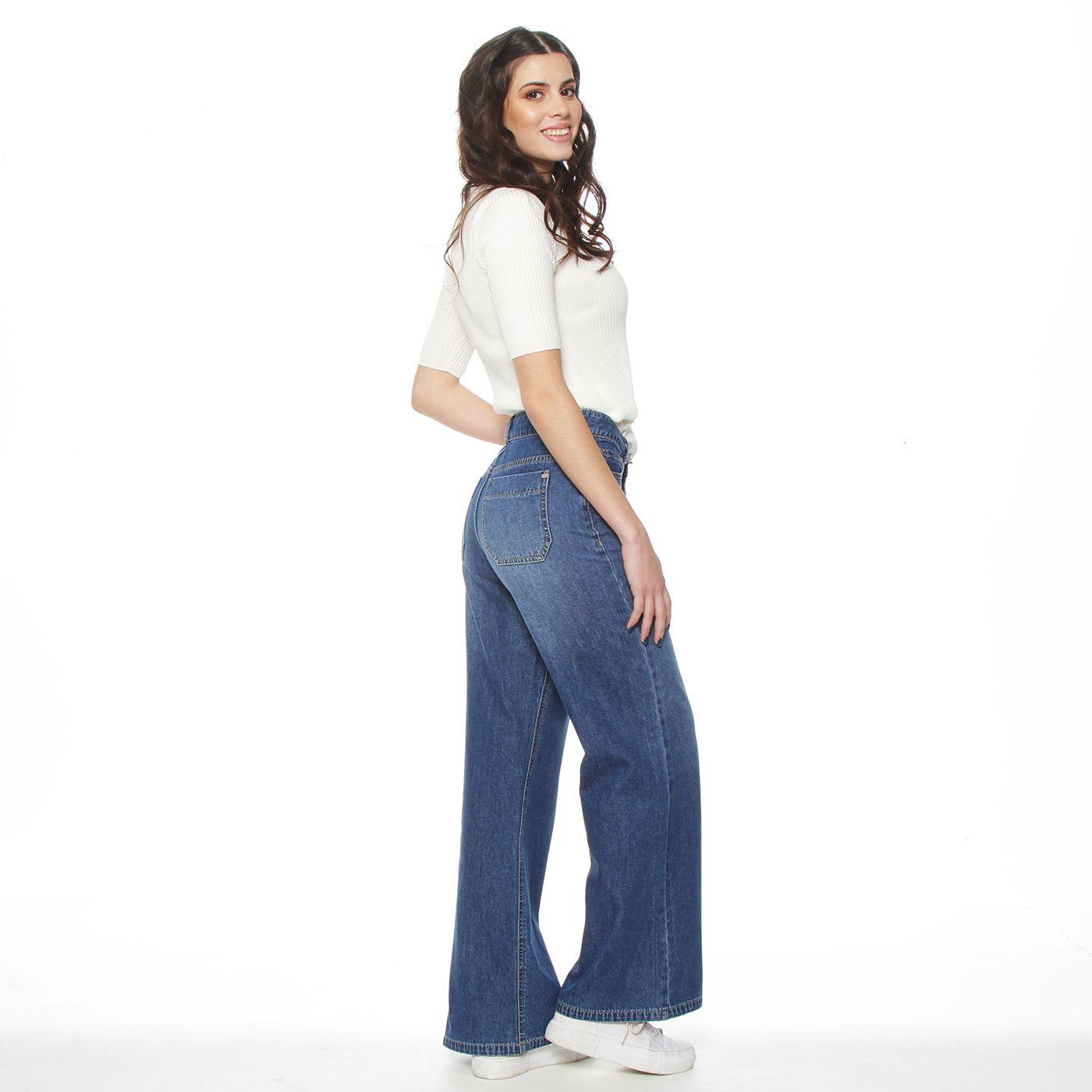 Jeans Wide  Leg Tiro Alto Pretina  Basica 1 Boton-3