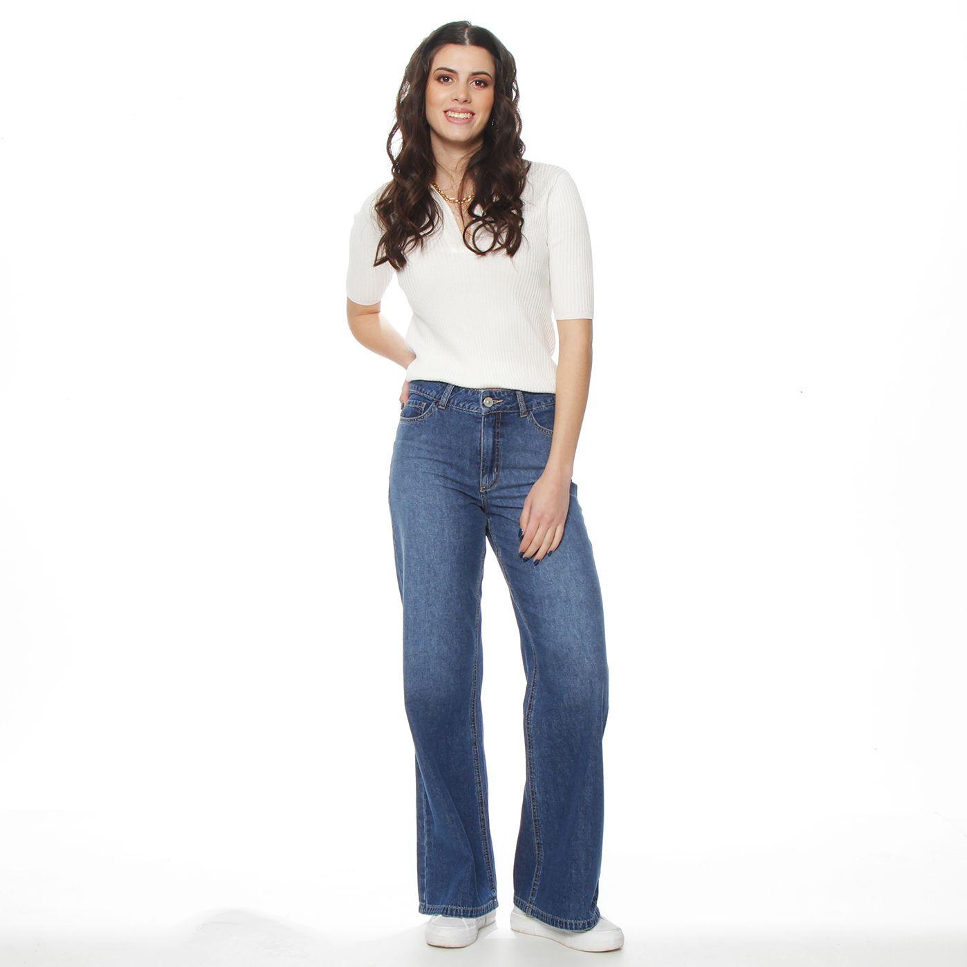Jeans Wide  Leg Tiro Alto Pretina  Basica 1 Boton-5