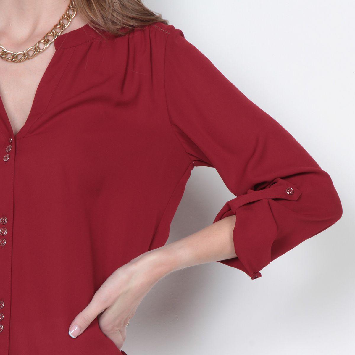 Blusa Manga Larga Solida Escote Mao Abotonada En Delantero-2
