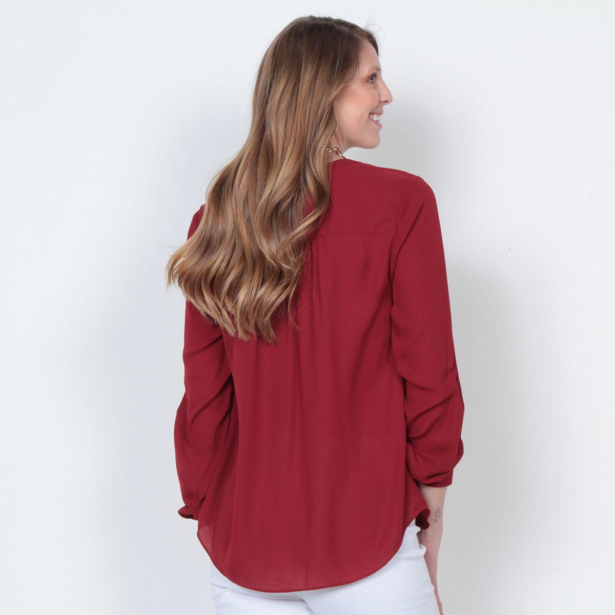 Blusa Manga Larga Solida Escote Mao Abotonada En Delantero-6