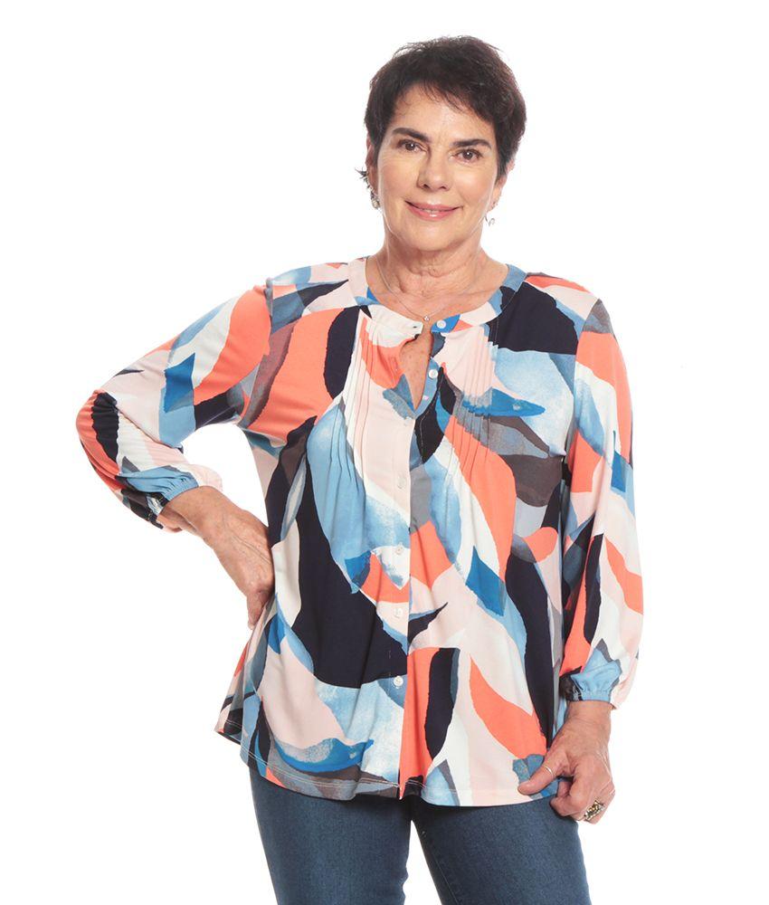 Blusa Manga Larga Estampada Escote Cuello Mao Abotonada-0