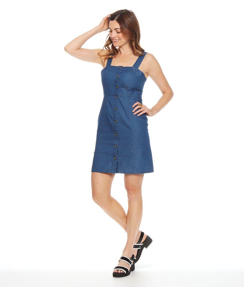 Vestido Sin Manga Denim Abotonado Y Cortes-3