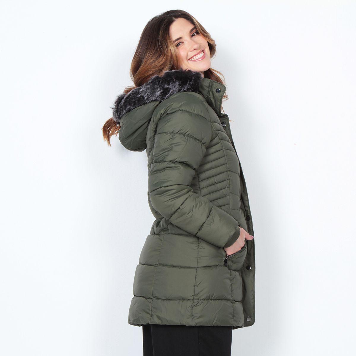 Parka Manga Larga Con Piel En Capucha Y Bolsillos Con Cierre-1