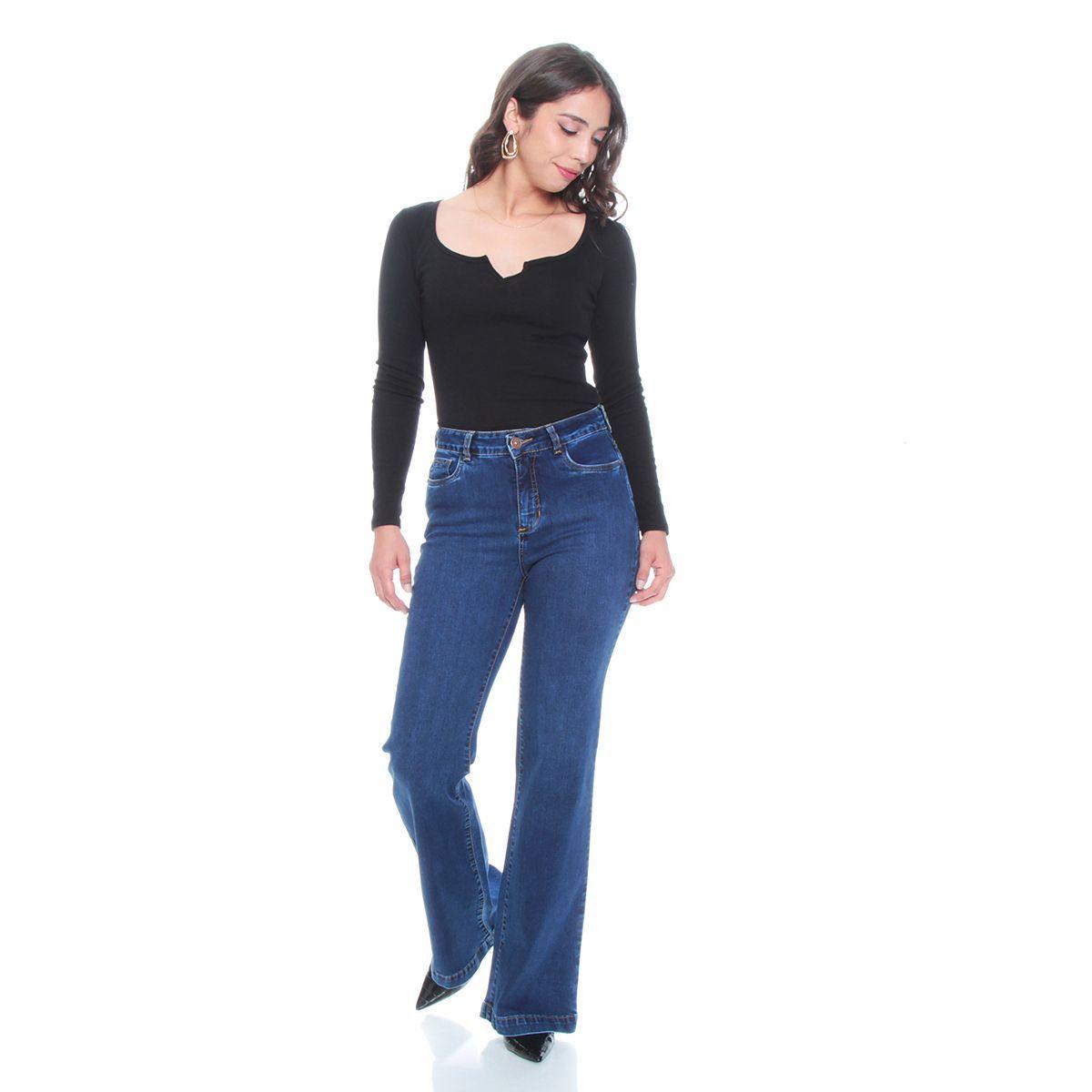 Jeans Flare Tiro Alto Push Up Pretina Basica 1 Boton-3