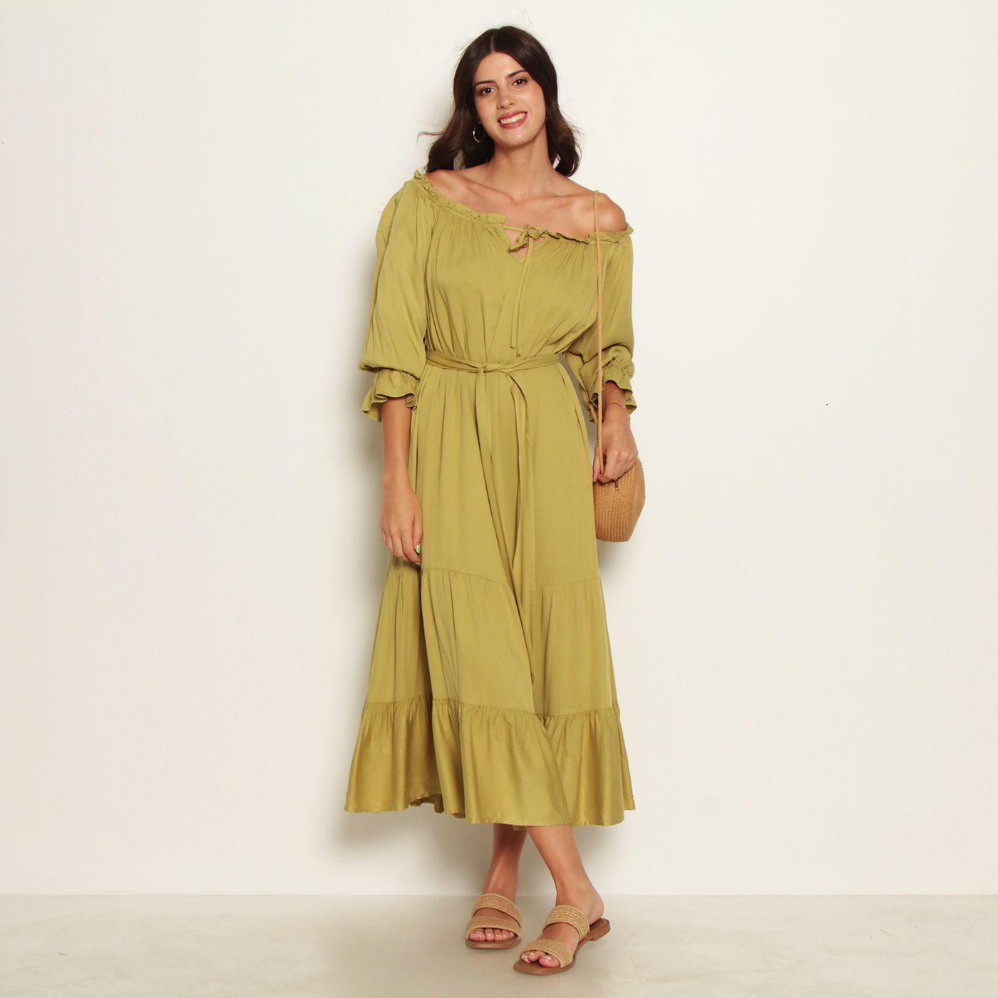 Vestido Manga Larga  Con Lazo En La  Cintura-6