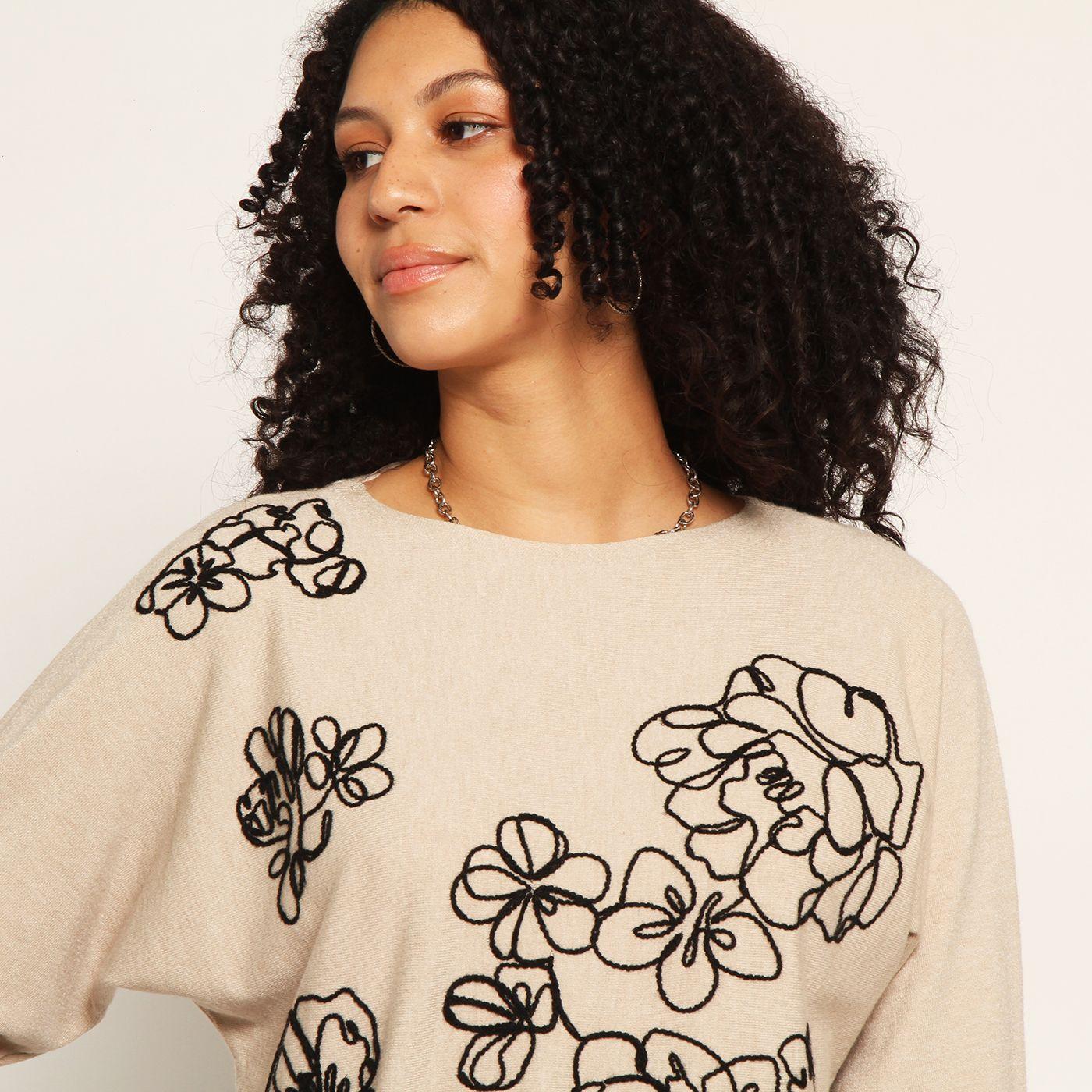 Sweater Manga 3/4 Con Bordado Escote Redondo-2