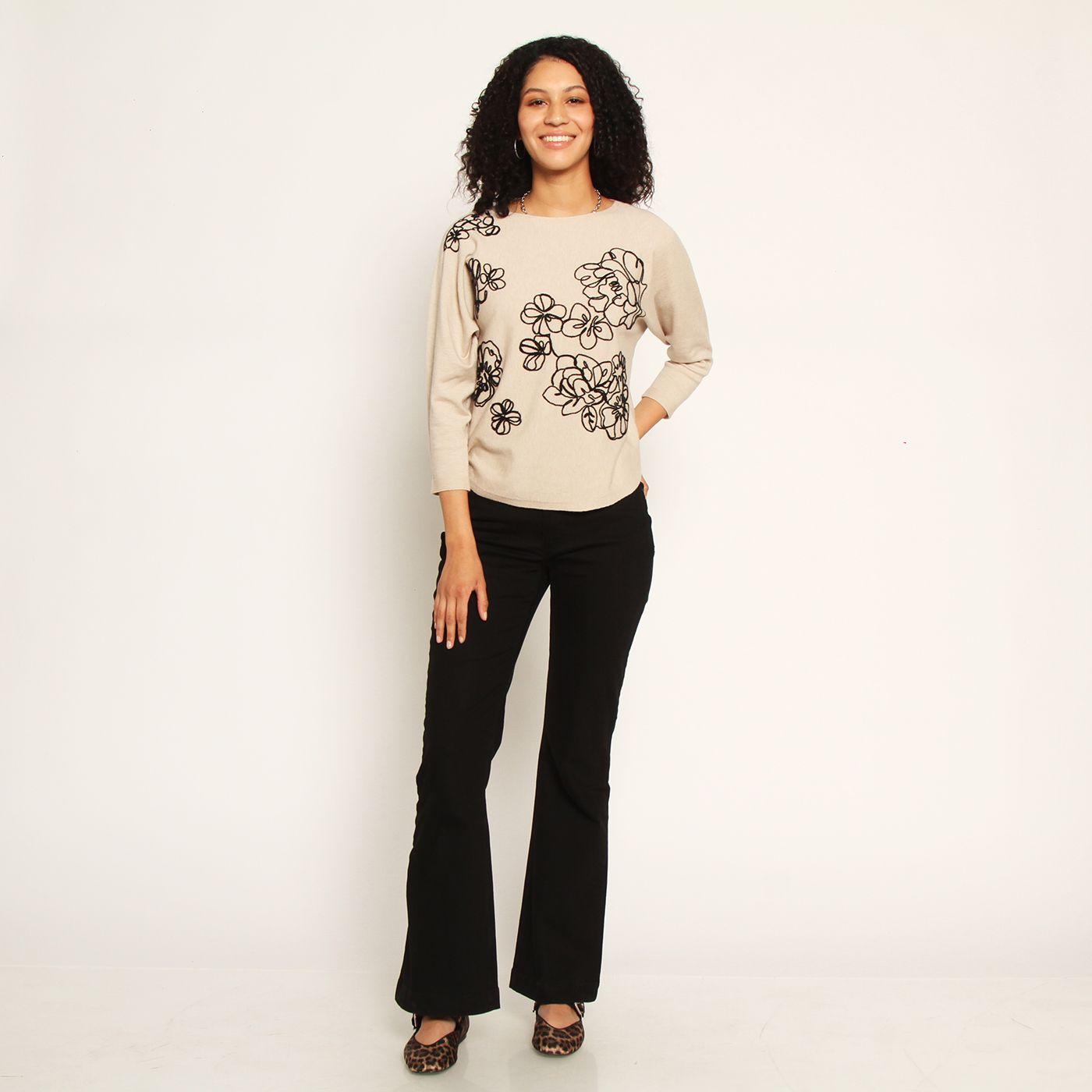 Sweater Manga 3/4 Con Bordado Escote Redondo-3