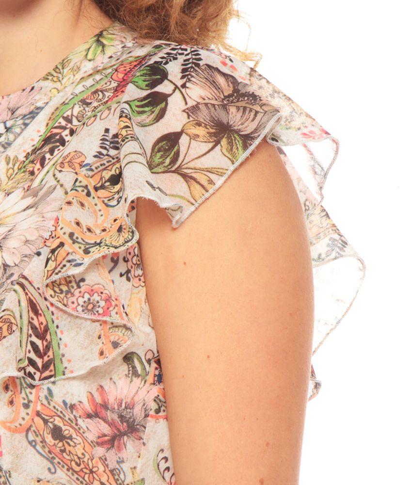 Vestido Sin Manga Detalle De Ruchas Estampado Abotonado-2