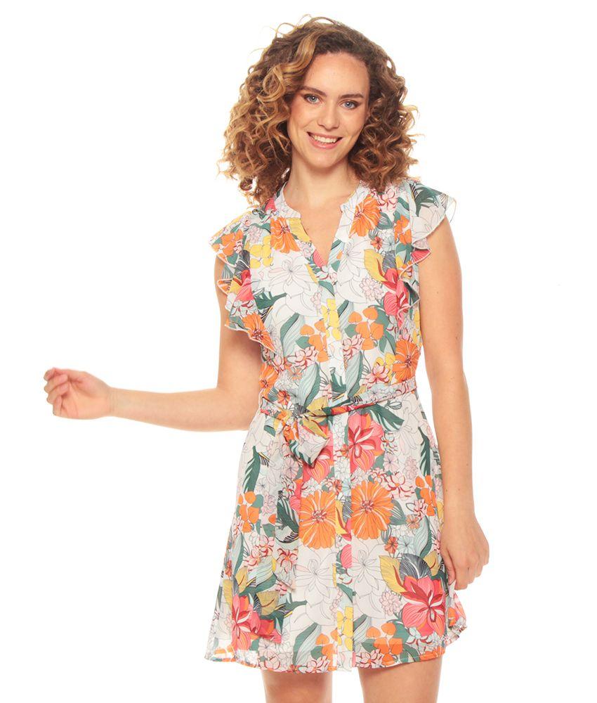 Vestido Sin Manga Detalle De Ruchas Estampado Abotonado-0