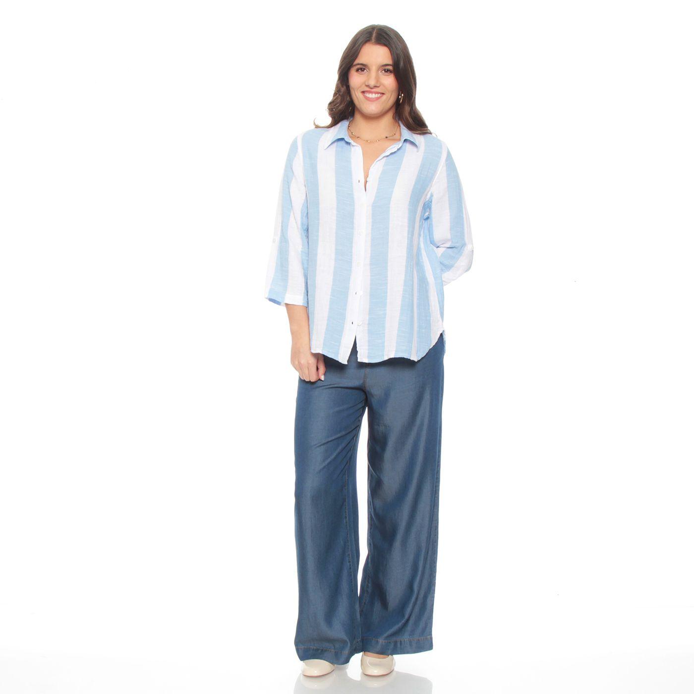 Blusa Manga Larga Listada Abotonada En El Delantero-5