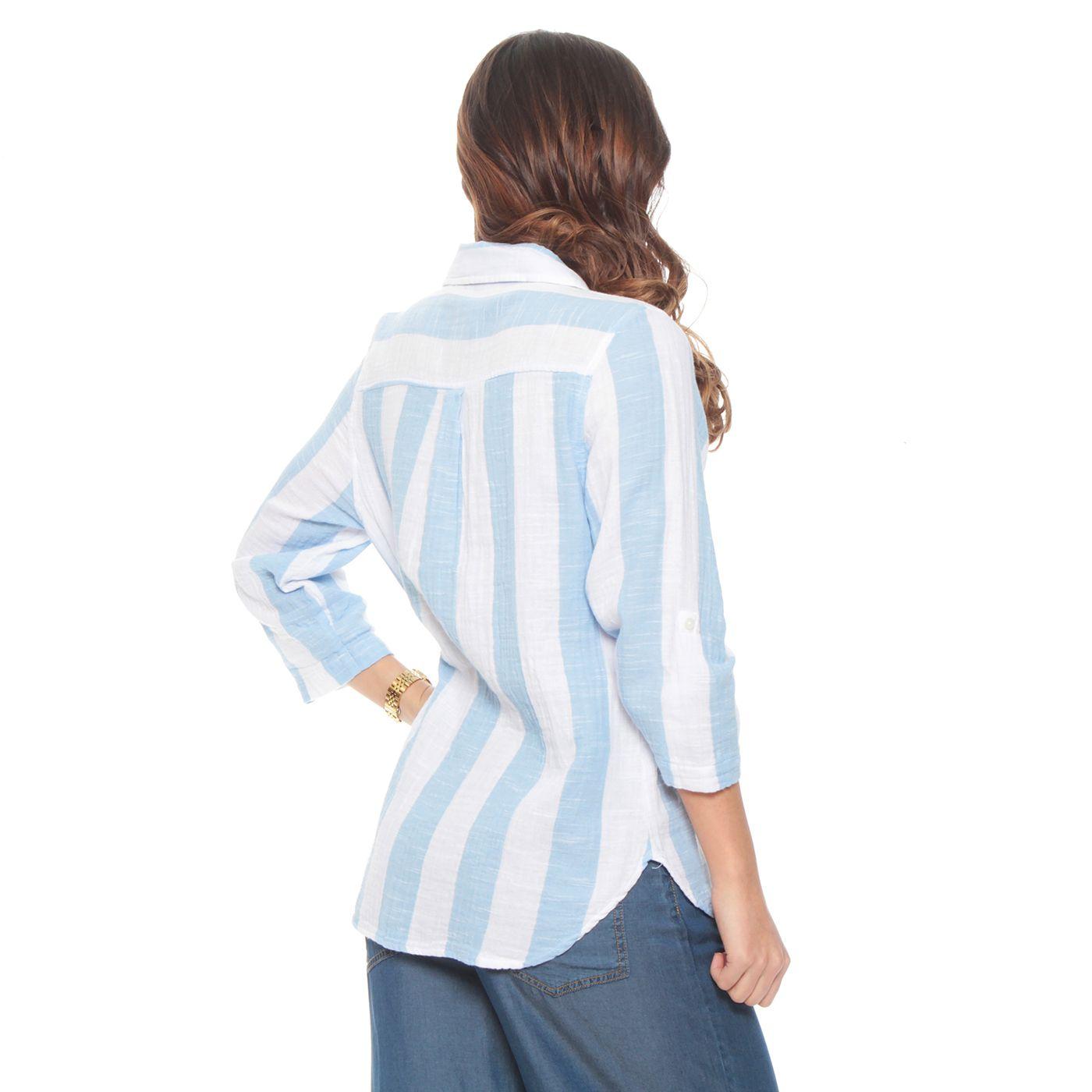 Blusa Manga Larga Listada Abotonada En El Delantero-6