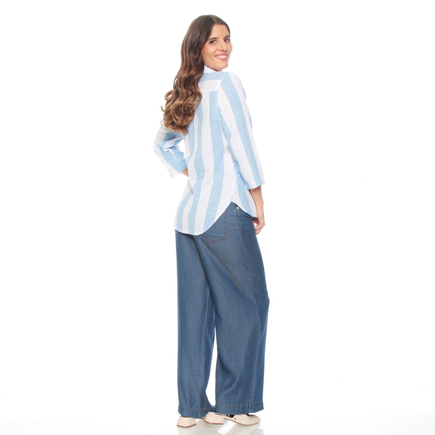 Blusa Manga Larga Listada Abotonada En El Delantero-7
