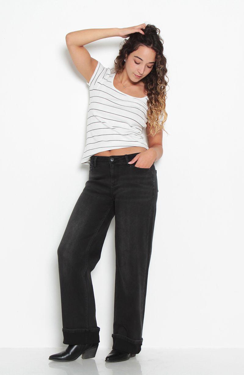 Jeans Wide Leg Cuff Tiro Medio Pretina  Basica 1 Boton-6