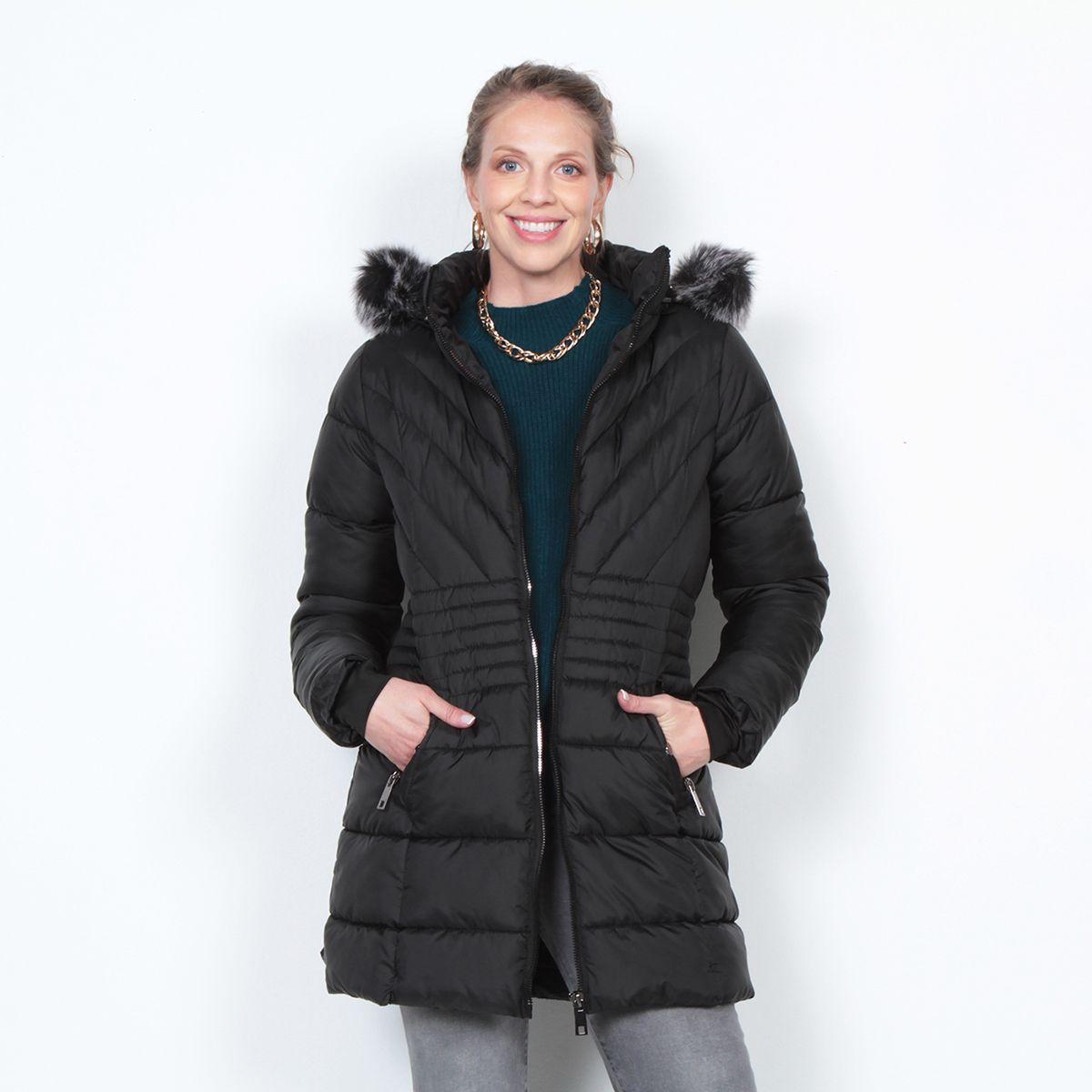Parka Manga Larga Con Piel En Capucha  Y Bolsillo Con Cierre-0