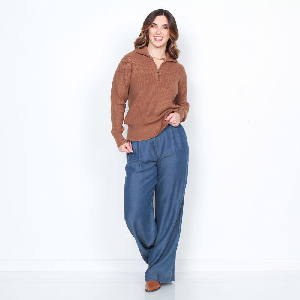 Sweater Manga Larga Solido Con Cuello Alto Y Cierre En Delantero-3