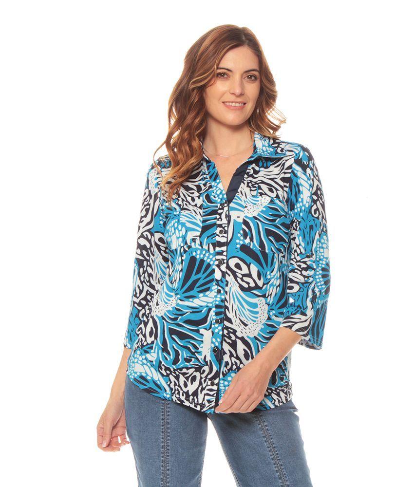 Blusa Manga 3/4 Ajustable Estampada Cuello Camisero-0