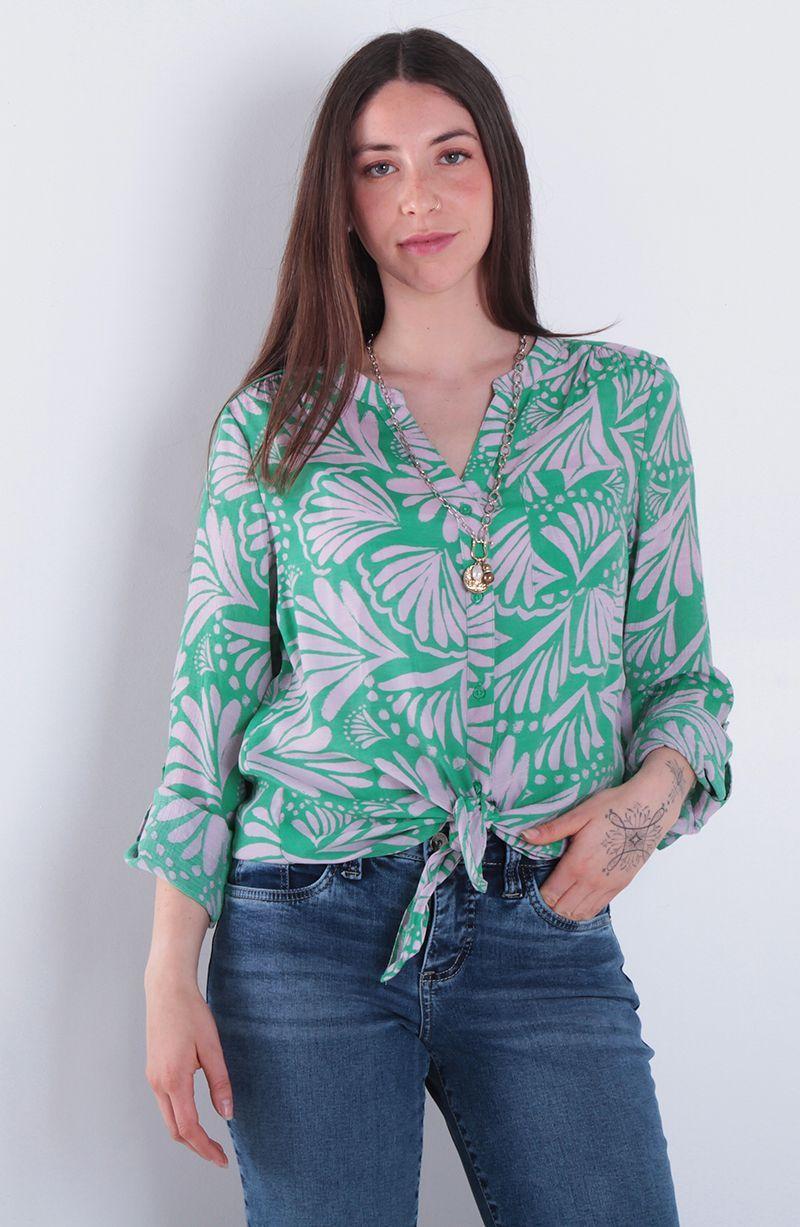 Blusa Manga Larga Estampada Abotonada En Delantero Con Bolsillo-0