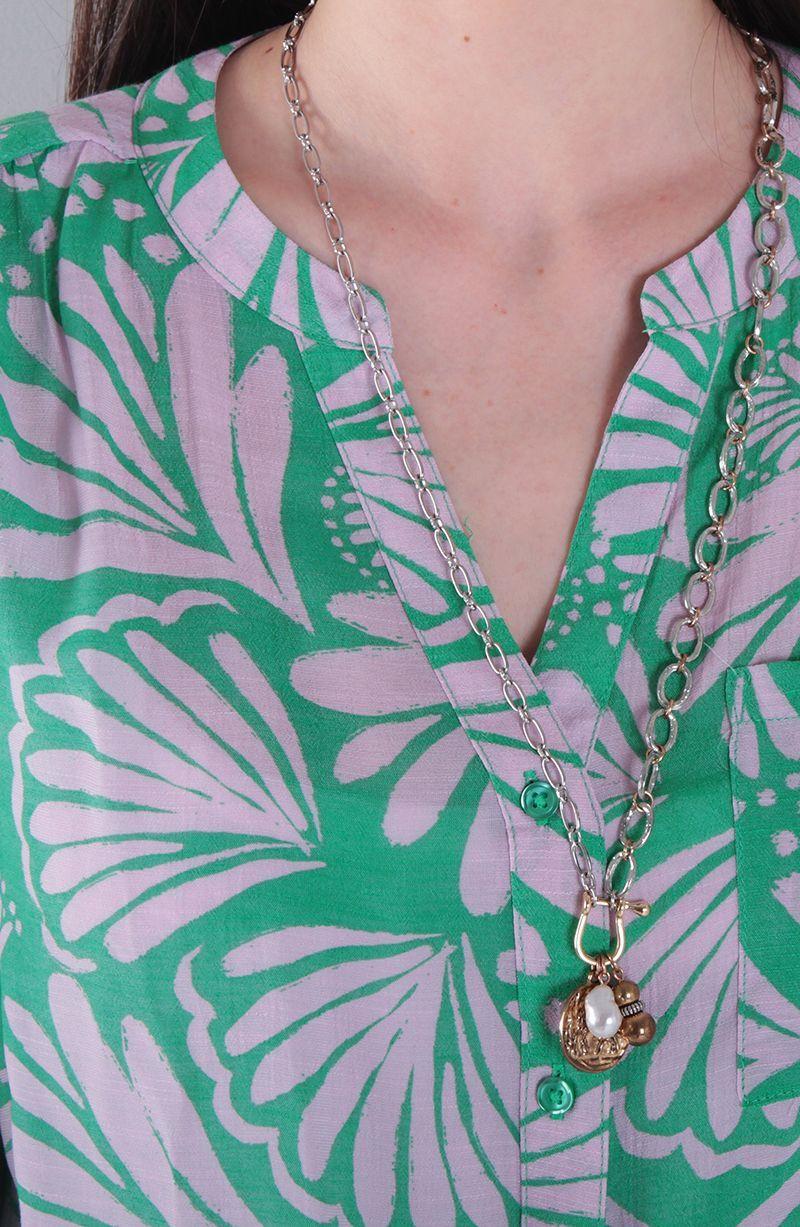 Blusa Manga Larga Estampada Abotonada En Delantero Con Bolsillo-1