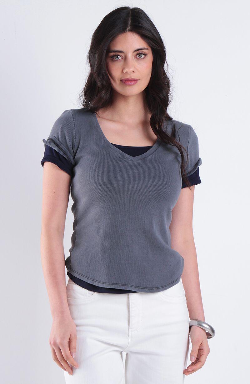 Polera Manga Corta Escote V Acidwash-0