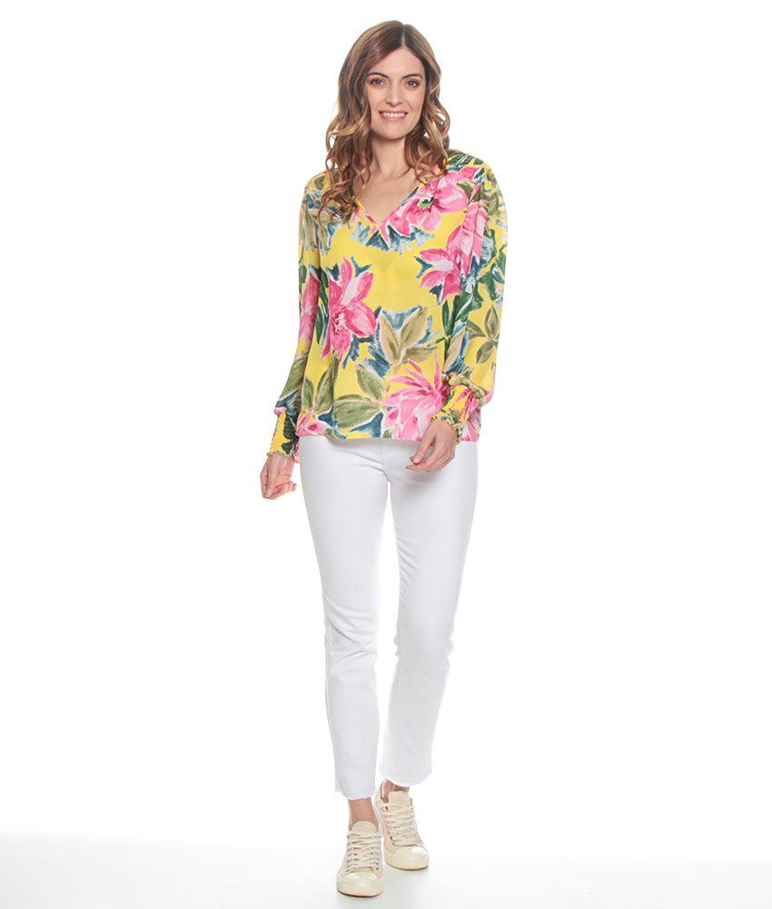 Blusa Manga Larga Elasticada Estampada Escote V-4