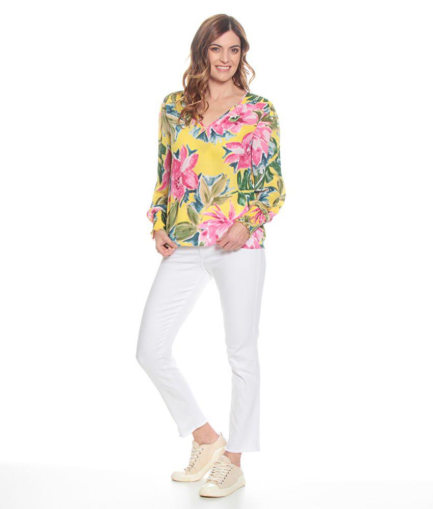 Blusa Manga Larga Elasticada Estampada Escote V-2