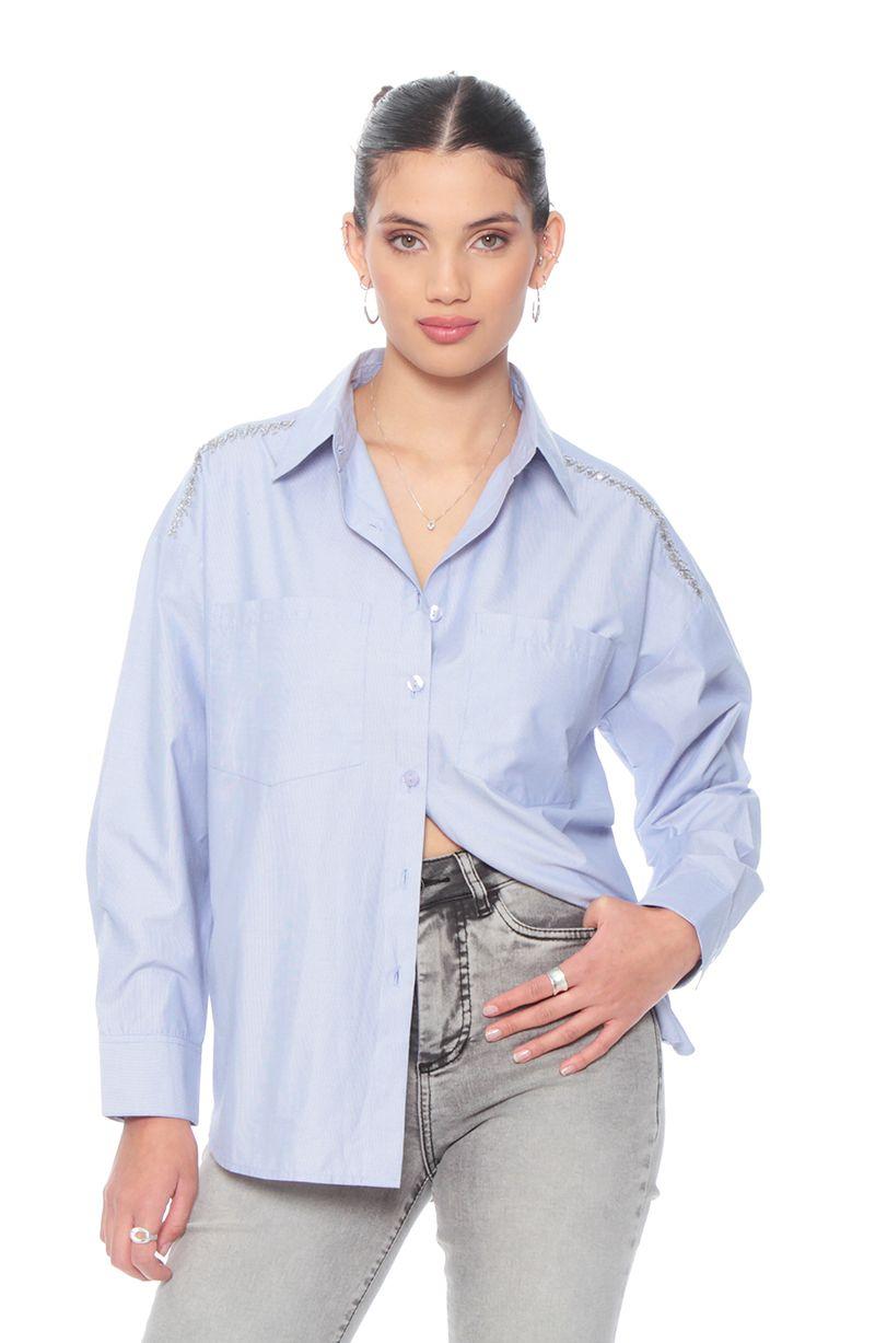 Blusa Manga Larga Abotonada Con Bolsillos Y Aplicacion Hombro-0
