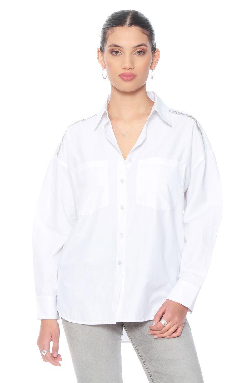 Blusa Manga Larga Abotonada Con Bolsillos Y Aplicacion Hombro-0