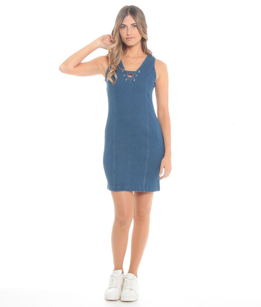 Vestido Denim Sin Manga Escote V Con Pabilos Cruzados-3