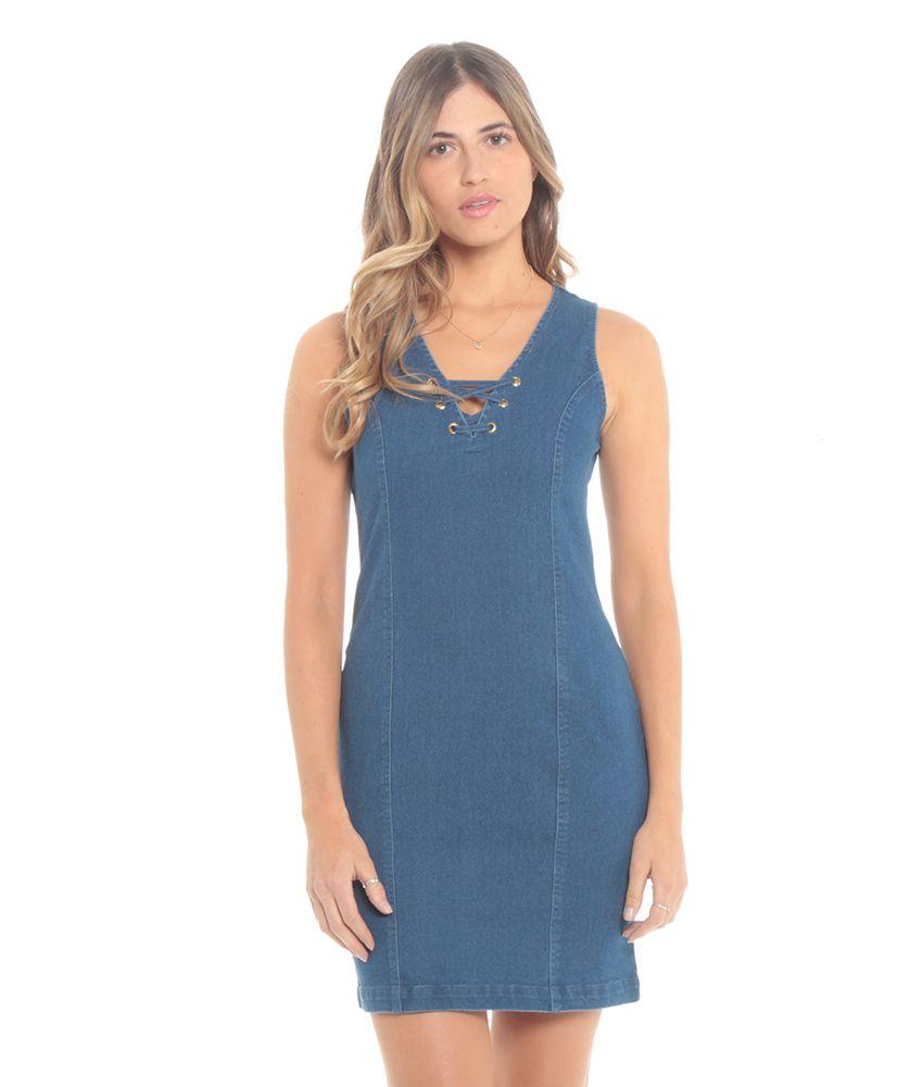Vestido Denim Sin Manga Escote V Con Pabilos Cruzados-5