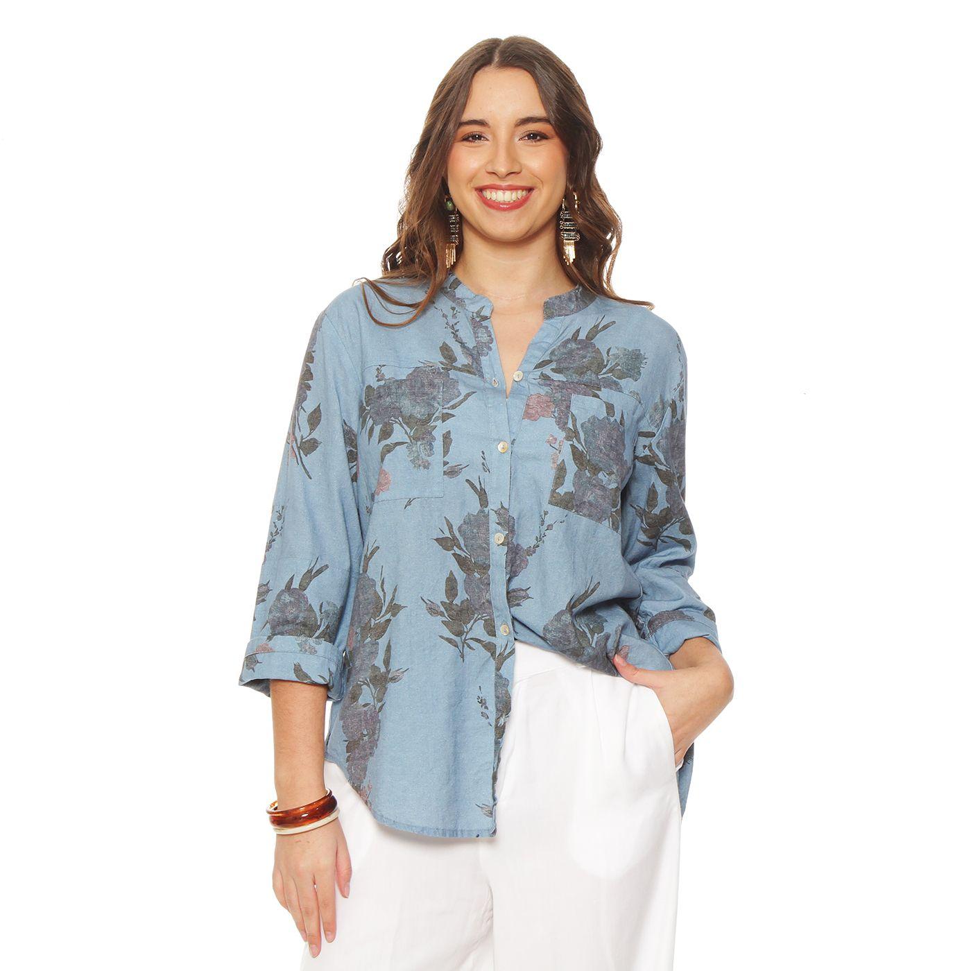 Blusa Manga Larga Lino Estampado Abotonada  En Delantero Con Bolsillo-2