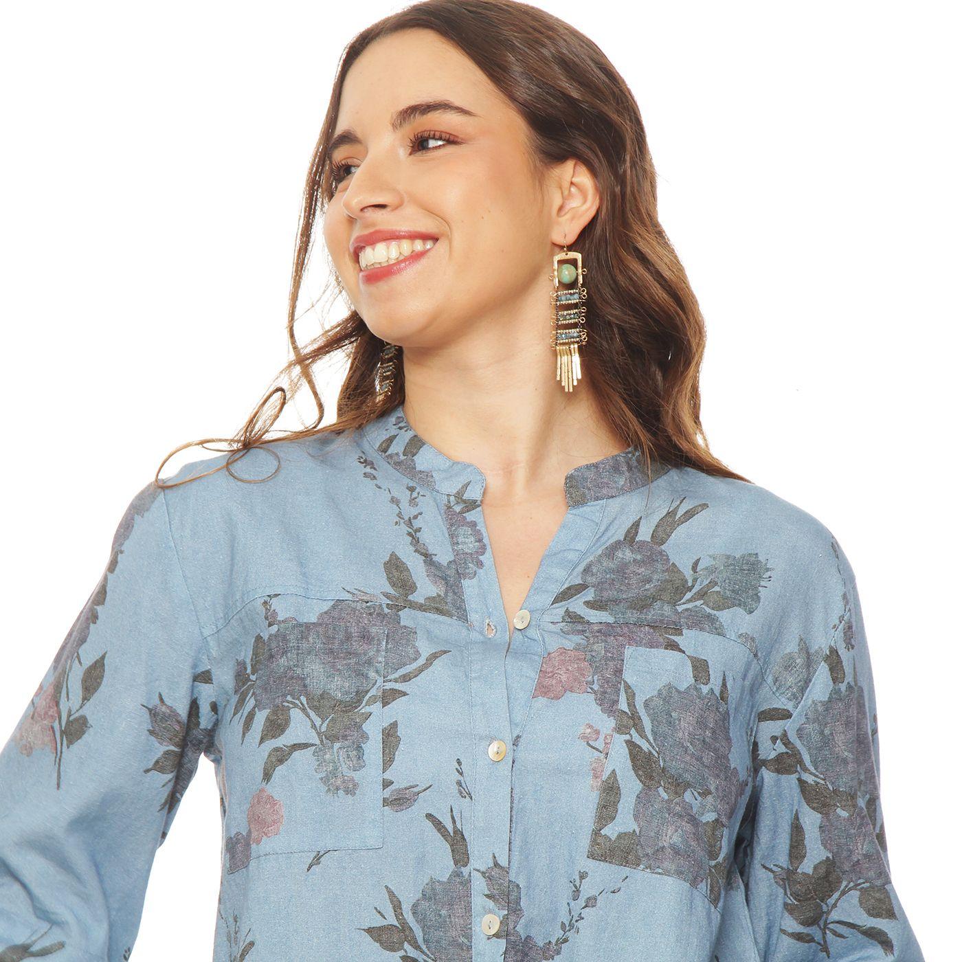 Blusa Manga Larga Lino Estampado Abotonada  En Delantero Con Bolsillo-3