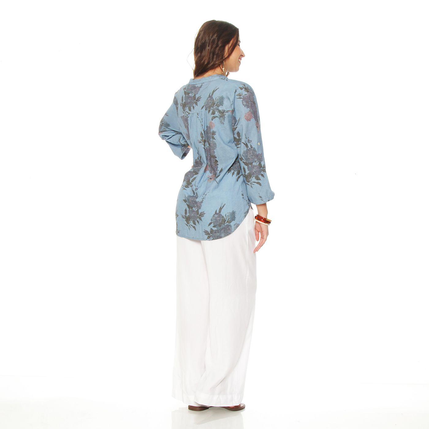 Blusa Manga Larga Lino Estampado Abotonada  En Delantero Con Bolsillo-6