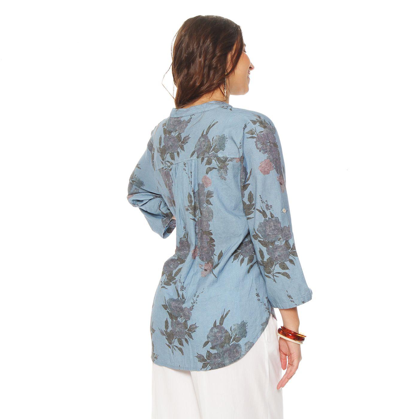 Blusa Manga Larga Lino Estampado Abotonada  En Delantero Con Bolsillo-7