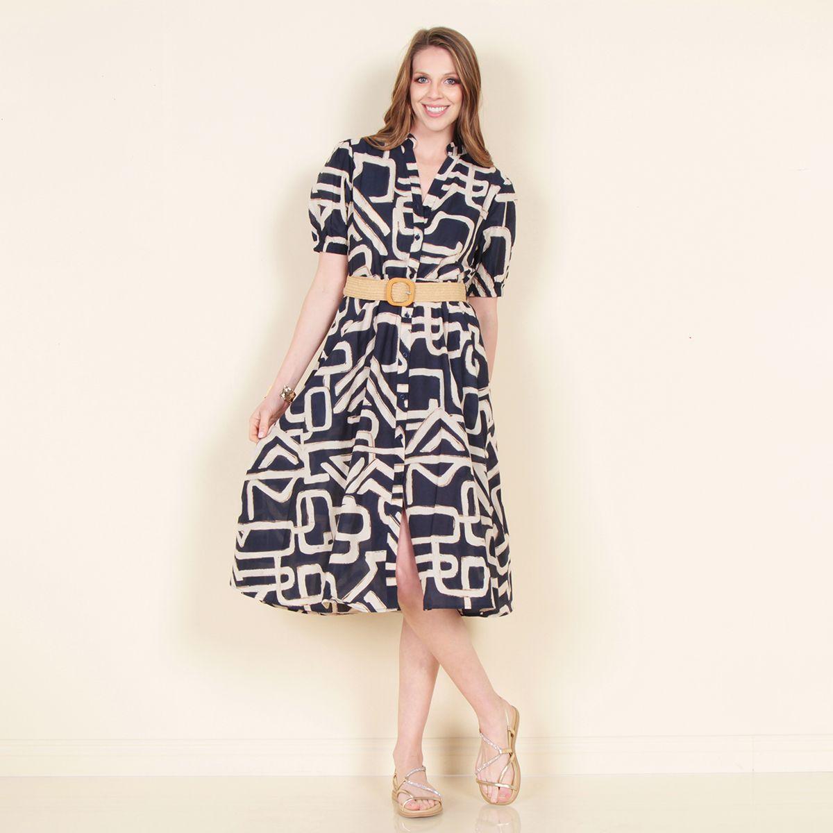 Vestido Estampado Manga Corta Abotonado En Delantero Y Cinturon-3