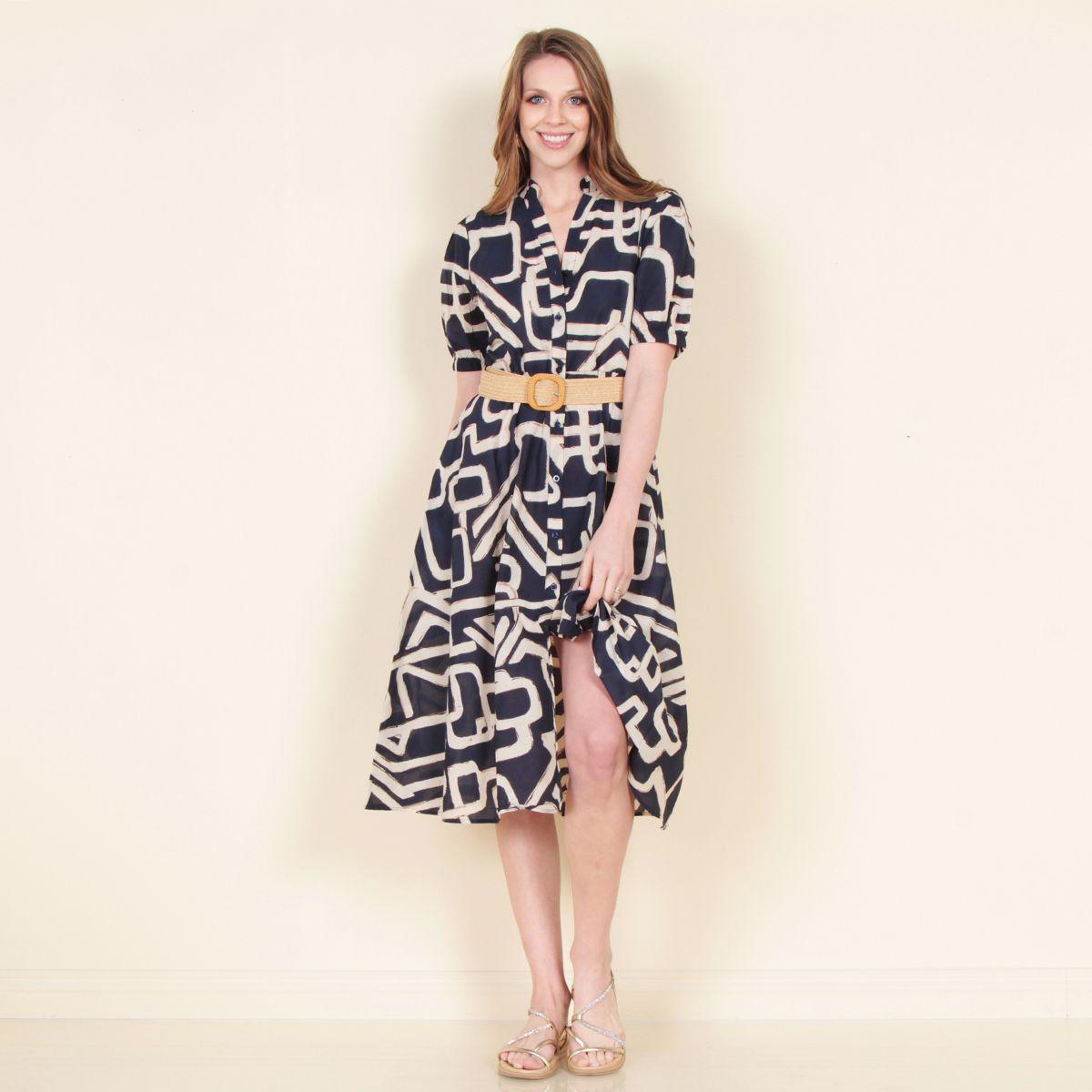 Vestido Estampado Manga Corta Abotonado En Delantero Y Cinturon-6