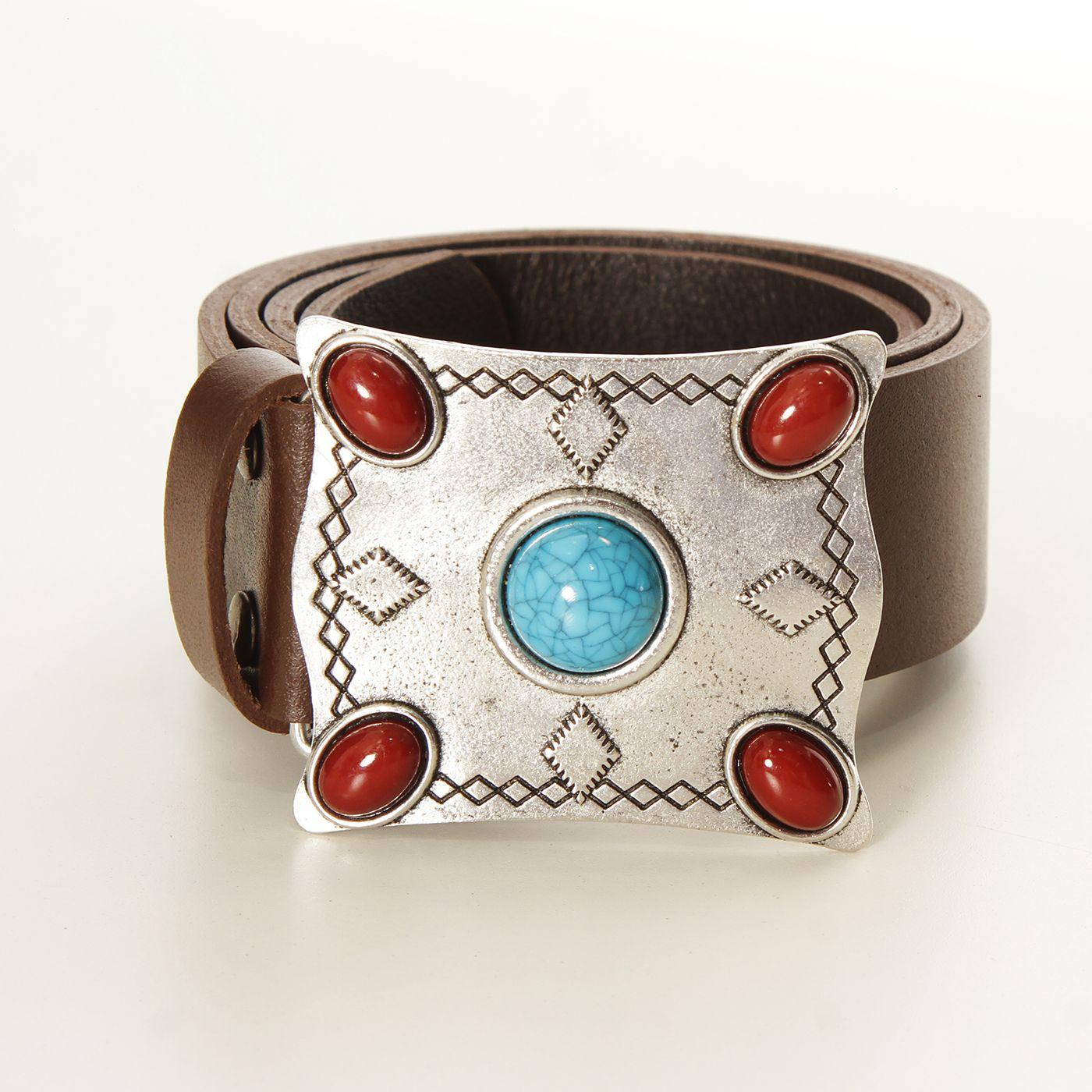 Cinturon Cuero Hebilla  Cuadrada Con Piedras De Colores-0