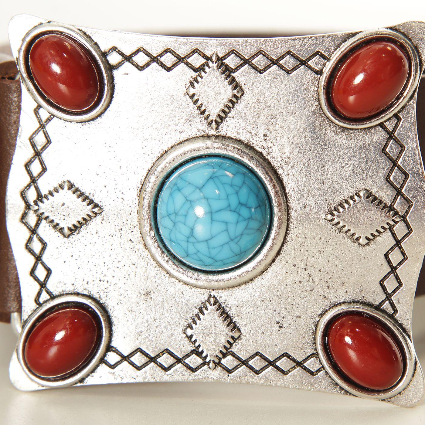 Cinturon Cuero Hebilla  Cuadrada Con Piedras De Colores-1