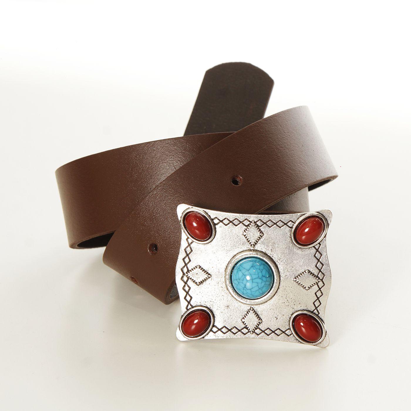 Cinturon Cuero Hebilla  Cuadrada Con Piedras De Colores-2