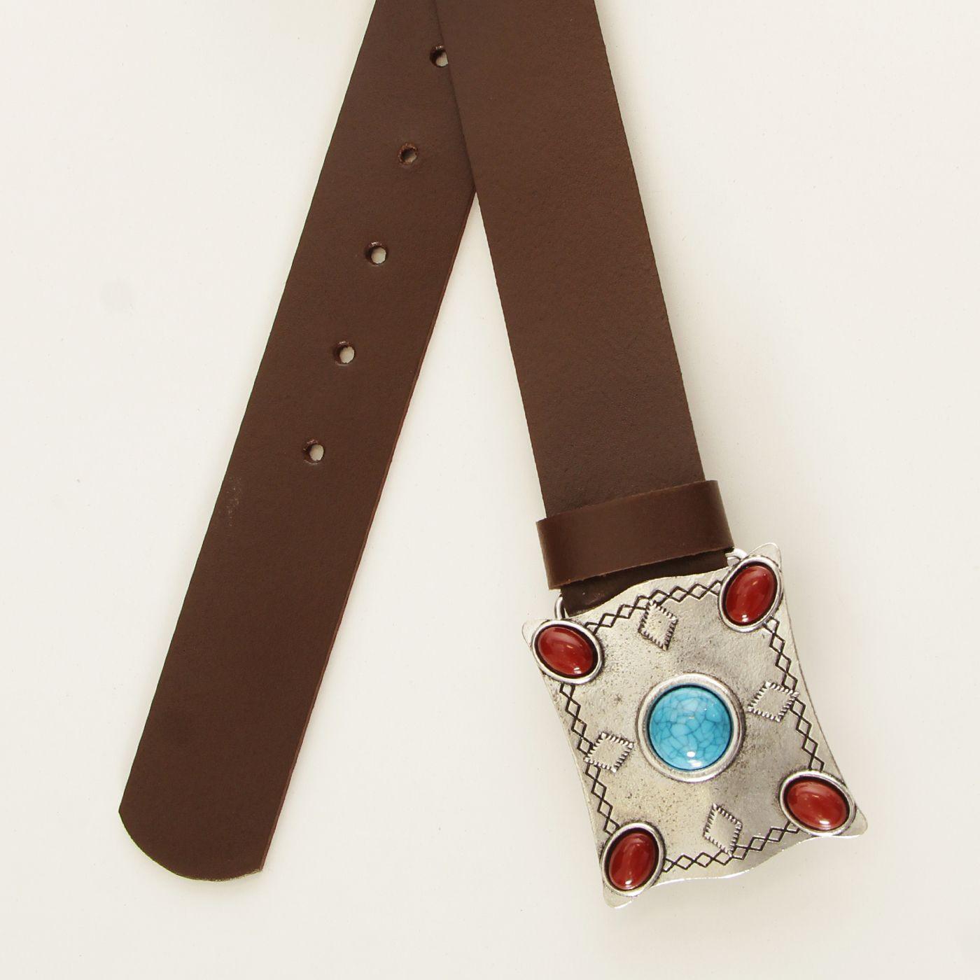 Cinturon Cuero Hebilla  Cuadrada Con Piedras De Colores-3