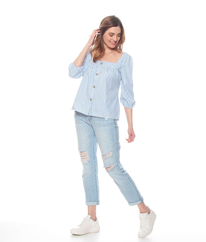Blusa Manga Larga Escoces Escote Cuadrado Con Botones-3