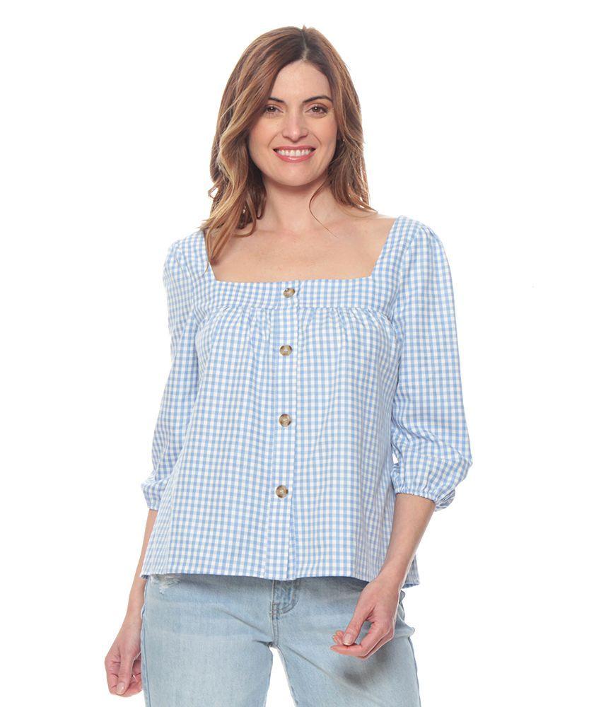 Blusa Manga Larga Escoces Escote Cuadrado Con Botones-0