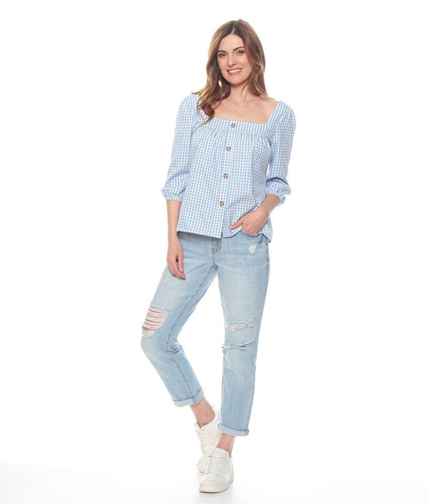 Blusa Manga Larga Escoces Escote Cuadrado Con Botones-4